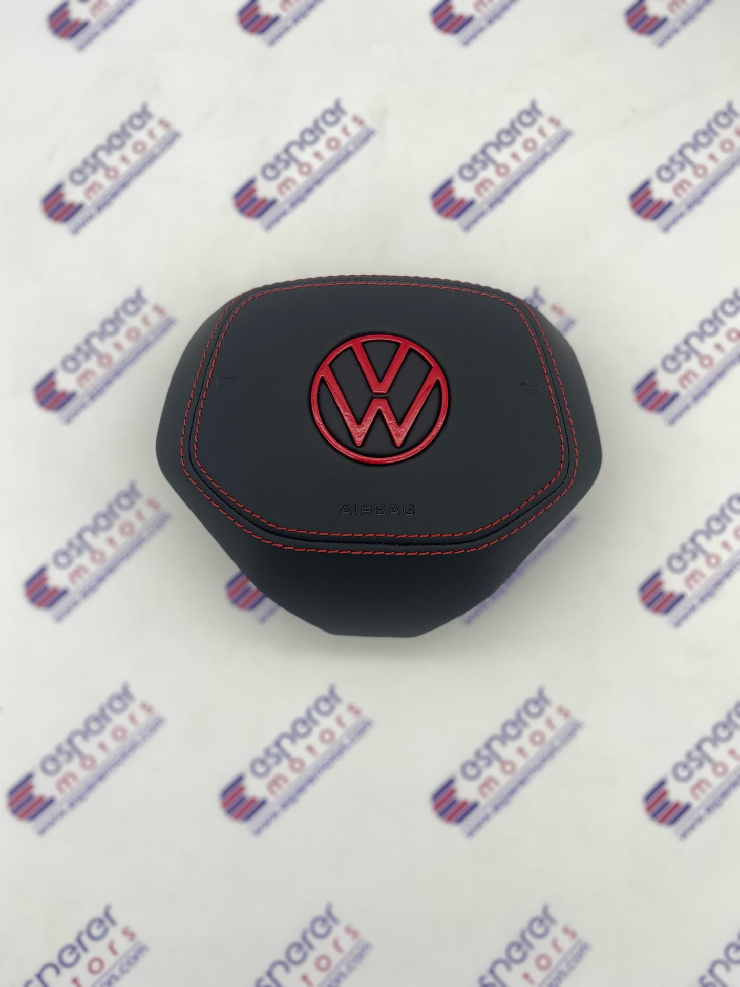 volkswagen mk7/mk8 steering wheel airbag cover in leather with Red stitching & Red vw logo