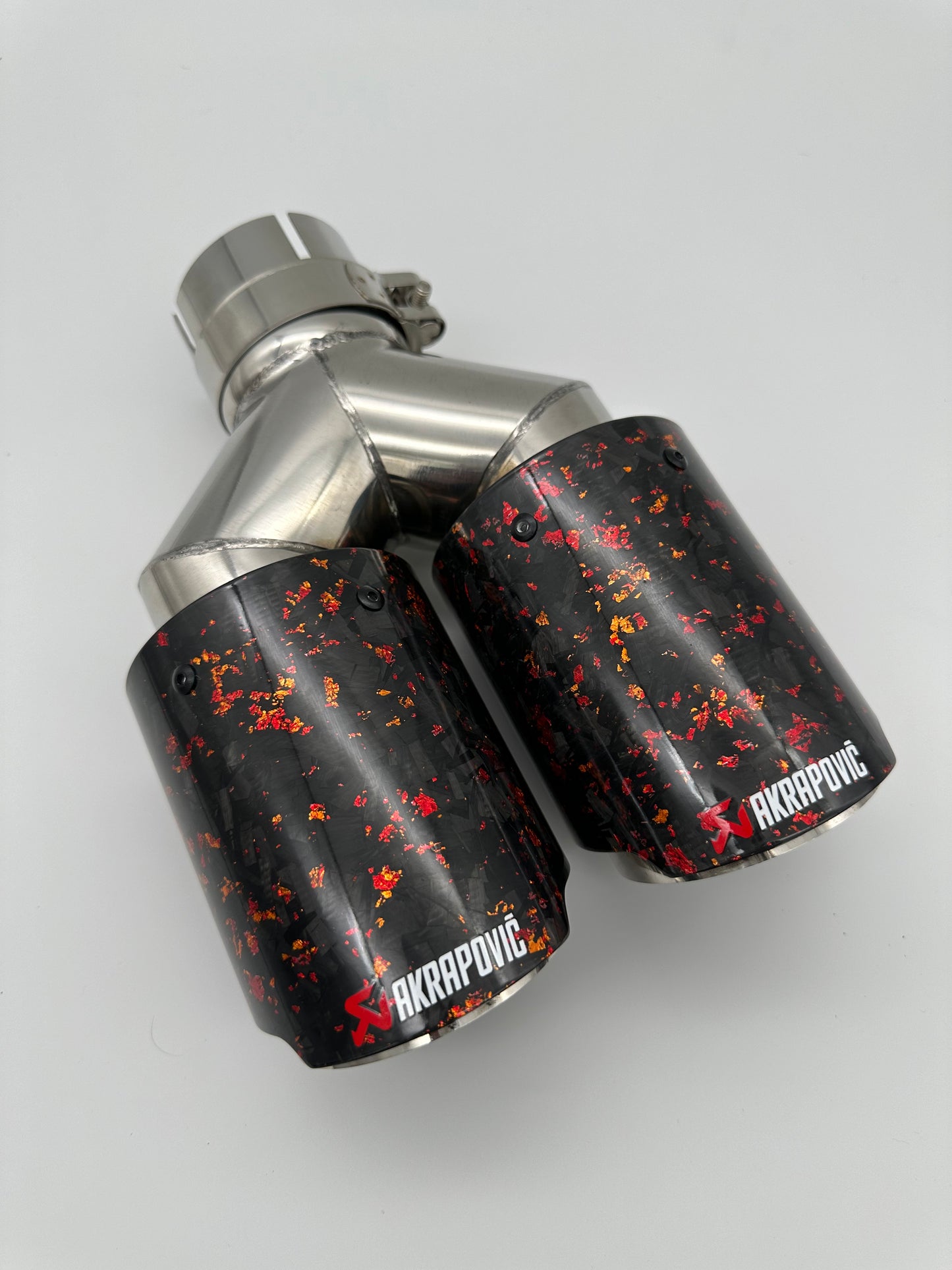 Akrapovic dual tip with red flakes